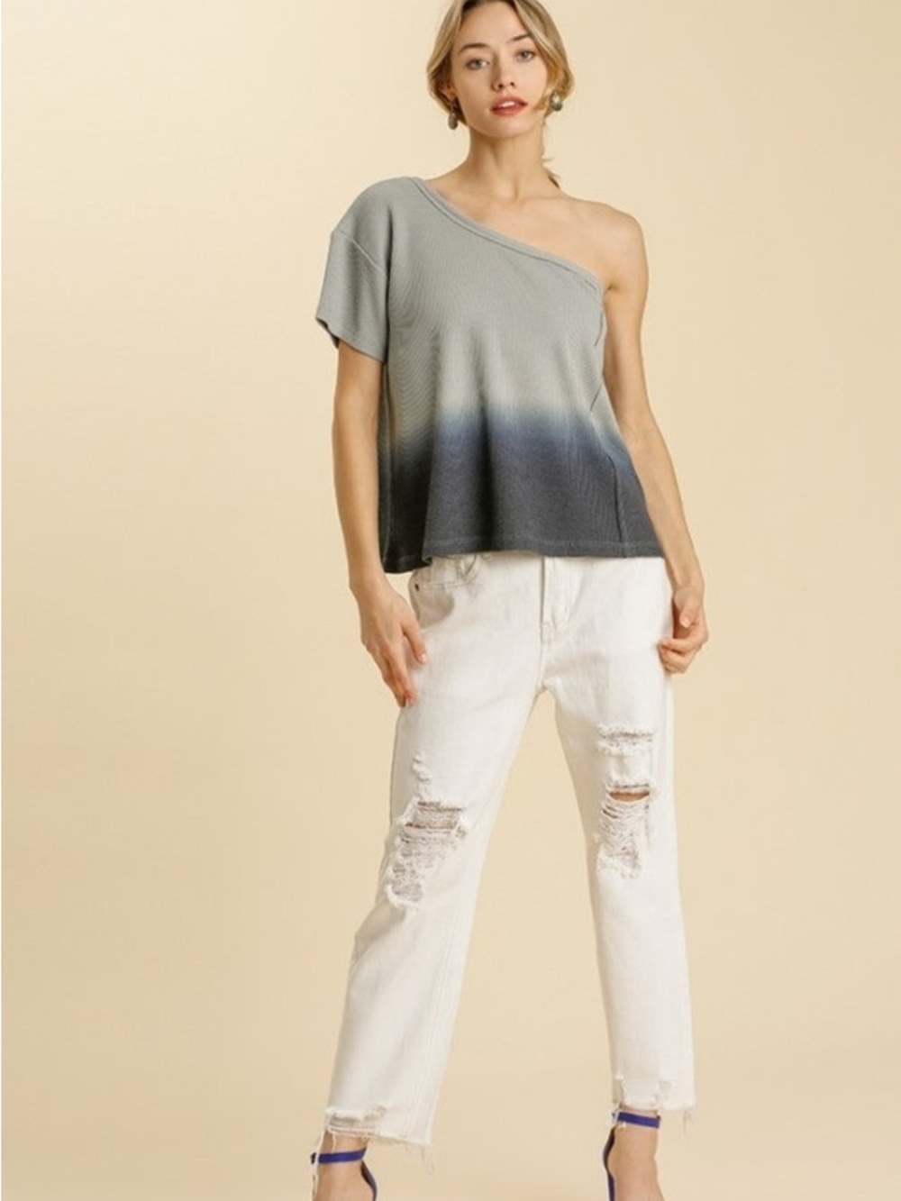 Umgee Blue Ombre Off-Shoulder Waffle Knit Crop Top